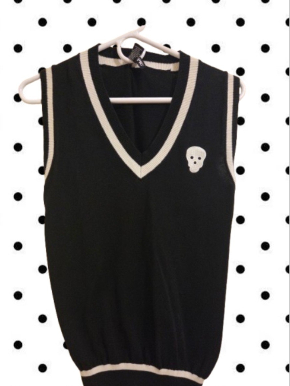 Black HOT TOPIC V-Neck Sweater Vest with White Trim and Skull Detail